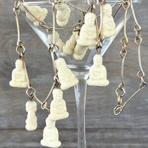 Vintage Creamy White Plastic Buddha Charm Necklace on Long Metallic Bar Links